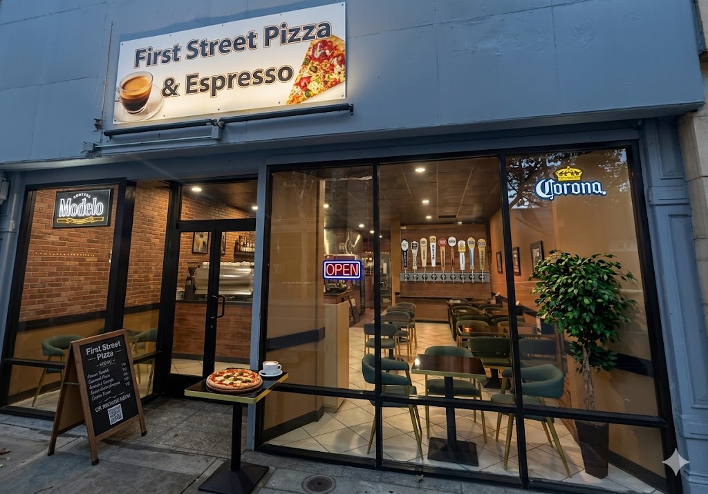 Fresh pizza slices at First Street Pizza